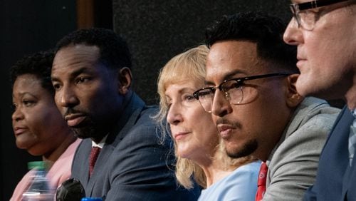 210608-Atlanta-Felicia Moore, from left, Andre Dickens, Sharon Gay, Antonio Brown and Walter Reeves participate in a forum for AtlantaMayor candidates sponsored by the Committee for a Better Atlanta on Tuesday morning, June 8, 2021 in Atlanta.  Ben Gray for the Atlanta Journal-Constitution