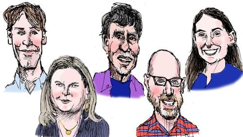 AJC reporters (left to right): Lautaro Grinspan, Ariel Hart, Michael E. Kanell, Matt Reynolds and Caroline Silva. (Illustrations by Mike Luckovich/AJC)