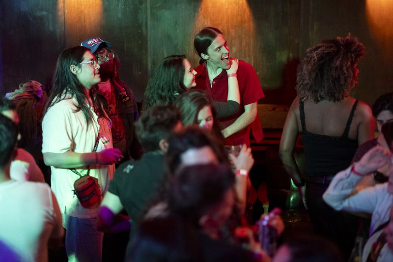 People dance during the La Choloteca party at Argosy in Atlanta on Saturday, Feb. 3, 2024. La Choloteca is billed as a queer, Latinx dance party.  (Ben Gray / Ben@BenGray.com)