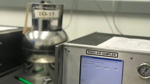 Air monitoring equipment at a state facility is set up to collect samples to test ethylene oxide levels. (Meris Lutz/AJC)