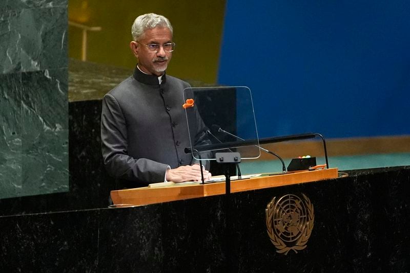 India's Minister for External Affairs Subrahmanyam Jaishankar addresses the 79th session of the United Nations General Assembly, Saturday, Sept. 28, 2024. (AP Photo/Pamela Smith)