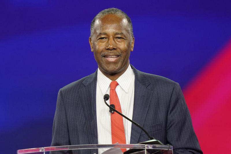 FILE - Ben Carson, former Housing and Urban Development Secretary, speaks at CPAC in Dallas, Aug. 4, 2022. Former President Donald Trump has narrowed his vice presidential shortlist to a handful of contenders that include Carson, as he prepares to announce his pick in the days before, or perhaps at, next month's Republican National Convention. Trump told reporters Saturday, June 22, that he already has made his decision and that that person will be in attendance Thursday night in Atlanta at the first debate of the general election campaign with Democratic President Joe Biden. (AP Photo/LM Otero, File)