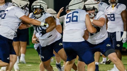 Georgia Tech offensive linemen work through a drill during practice at the Brock Indoor Practice Facility on Thursday, July 25, 2024, in Atlanta.

\(Miguel Martinez / AJC)