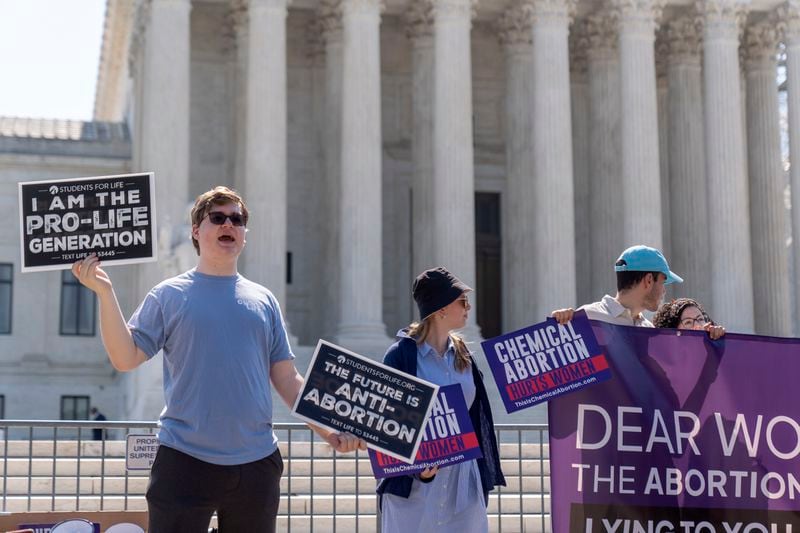 Anti-abortion protestors demonstrate outside the Supreme Court on Thursday, June 13, 2024, in Washington. The Supreme Court on Thursday unanimously preserved access to a medication that was used in nearly two-thirds of all abortions in the U.S. last year, in the court's first abortion decision since conservative justices overturned Roe v. Wade two years ago. (AP Photo/Mark Schiefelbein)