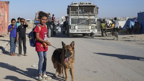 A Palestinian girl and her dog flee the Khan Younis area of the Gaza Strip, following Israeli military evacuation orders, saying its forces will soon operate there, Thursday, Aug. 8, 2024. (AP Photo/Abdel Kareem Hana)