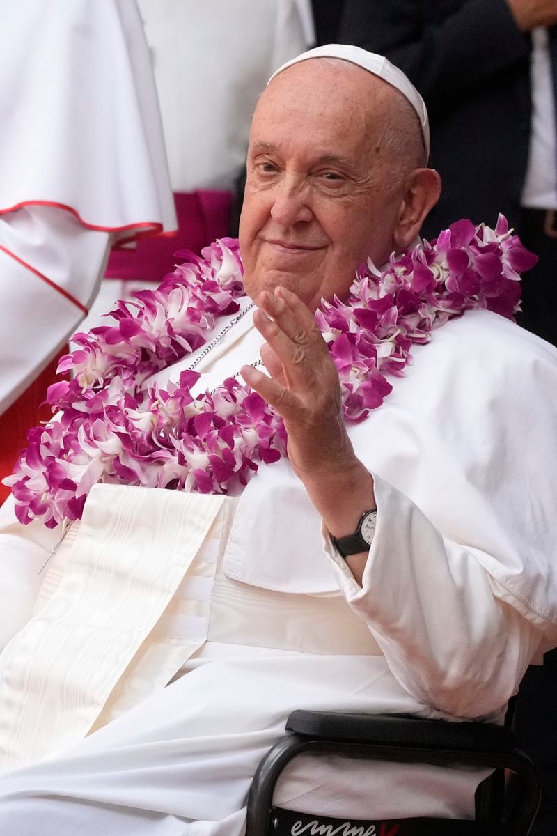 Pope Francis attends an interreligious meeting with young people at the Catholic Junior College in Singapore, Friday, Sept. 13, 2024. Pope Francis is wrapping up his visit to Singapore by praising its tradition of interfaith harmony. (AP Photo/Gregorio Borgia)