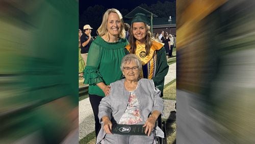 At the Adairsville High School graduation in May, valedictorian Callie Viktora, right, poses for a photo with her mother Sharon Viktora, left, and her grandmother Joan Nelson, center, both of whom also served as valedictorians at Adairsville High. (Courtesy photo)