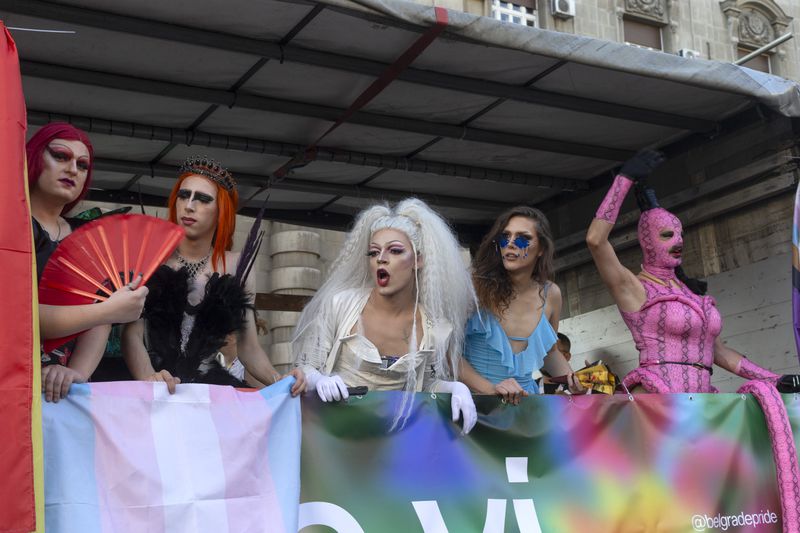 Participants attend a pride march in Belgrade, Serbia, Saturday, Sept. 7, 2024 as they demand that the government improve rights for the LGBTQ+ community who often face harassment and discrimination in the highly conservative Balkan country. (AP Photo/Marko Drobnjakovic)