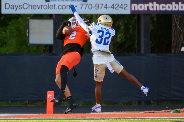 Wide receiver for North Cobb, Steele Ingram, makes a catch during the football game against McEachern in Kennesaw, GA on August 23, 2024 (Jamie Spaar for the Atlanta Journal Constitution)