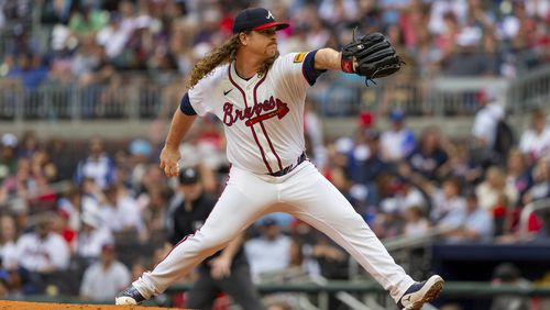 Atlanta Braves pitcher Grant Holmes throws in the fifth inning of a baseball game against the Kansas City Royals, Sunday, Sept. 29, 2024, in Atlanta. (AP Photo/Jason Allen)