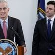 U.S. Secretary of Veterans Affairs Denis McDonough (left) and Senator Jon Ossoff (right) talk to the media about new bipartisan legislation for veterans at The VA Medical Center in Decatur on October 12, 2022 at (Natrice Miller/natrice.miller@ajc.com)