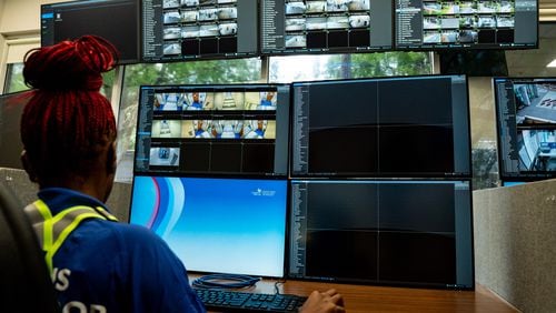 Campus ambassador Kamiya Slaton monitors security cameras across Georgia State University's campus in Atlanta on Wednesday, August 21, 2024. (Seeger Gray / AJC)