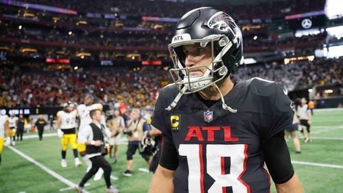 Atlanta Falcons quarterback Kirk Cousins (18) lost in his presentation with the Atlanta Falcons 18-10 against the Pittsburgh Steelers on Sunday, Sept. 8, at Mercedes-Benz Stadium in Atlanta. 

(Miguel Martinez/ AJC)