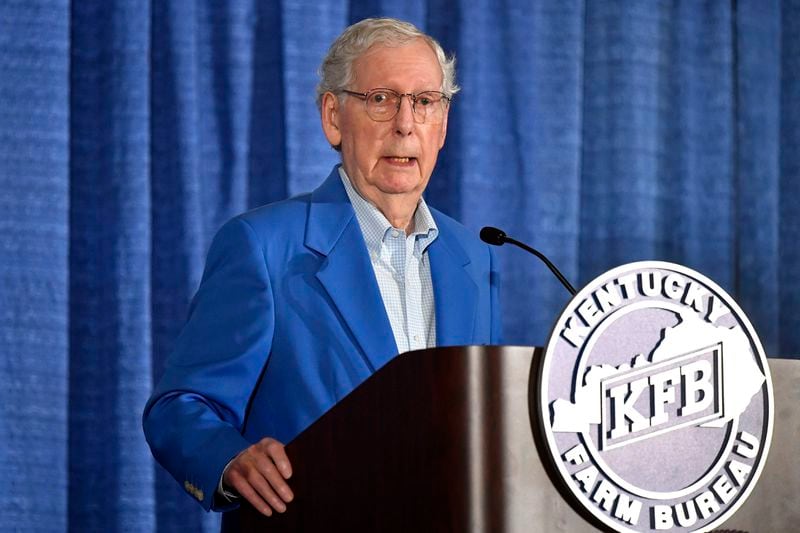 Senate Minority Leader Mitch McConnell, R-Ky., speaks to the audience gathered at the Kentucky State Fair Ham Breakfast at the Kentucky Exhibition Center in Louisville, Ky., Thursday, Aug. 22, 2024. (AP Photo/Timothy D. Easley)