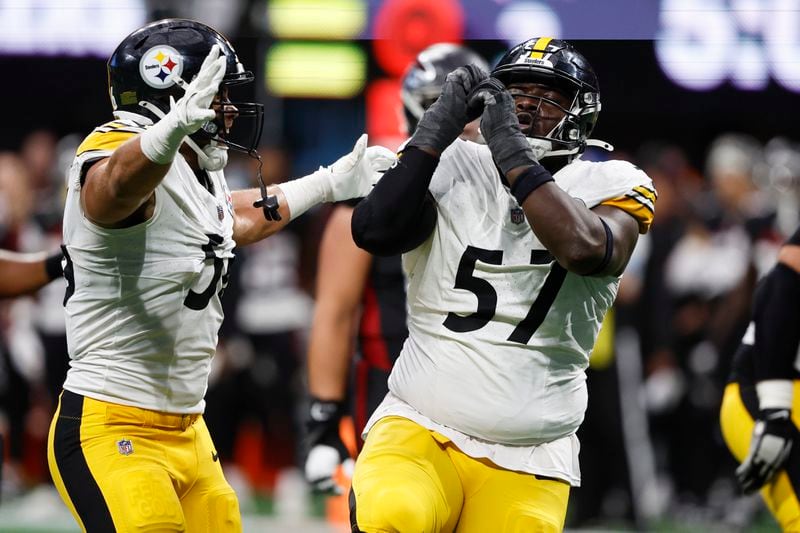 Pittsburgh Steelers defensive tackle Montravius Adams (57) celebrates after sacking Atlanta Falcons quarterback Kirk Cousins during the second half of an NFL football game Sunday, Sept. 8, 2024, in Atlanta. (AP Photo/Butch Dill)