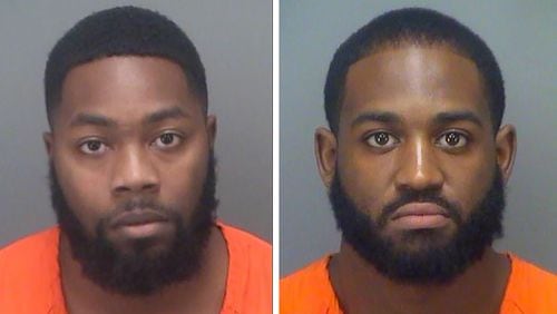 This undated booking photo provided by Pinellas County (Florida) Sheriff’s Office shows Donterio Rashad Fowler (left) and and Keondre Quamar Fields. Fowler, the brother of Atlanta Falcons player Dante Fowler, and Fields were arrested on murder charges in the 2016 shooting death of a college student. Pinellas County jail records show that the pair were being held without bail Tuesday, July 27, 2021, following their arrests. (Pinellas County Sheriff’s Office)