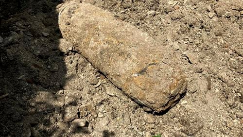 This photo released by the Police of the Czech Republic on Friday Aug. 30, 2024, shows a World War II bomb that was found last week at a major chemical plant near the city of Litvinov, northwestern Czech Republic. Czech explosive experts detonated the bomb where it was found. (Policie CR via AP)