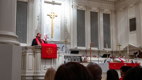 Bishop Robin Dease shown during her installation as leader of the North Georgia Conference of the United Methodist Church on Sunday, Jan 8, 2023.  (Jenni Girtman for the Atlanta Journal-Constitution)