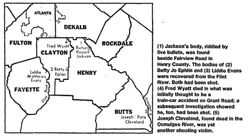 This 1978 map shows the locations where the five victims in the Flint River Murders were found in 1973 and later in 1977-78.