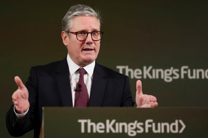 Britain's Prime Minister Keir Starmer delivers a speech in London, Thursday Sept. 12, 2024. (Isabel Infantes/Pool Photo via AP)