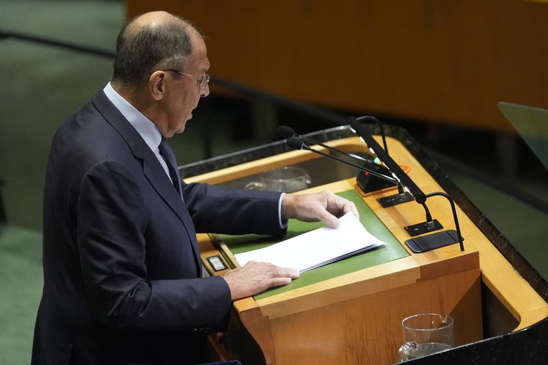 Russia's Minister for Foreign Affairs Sergey Lavrov addresses the 79th session of the United Nations General Assembly, Saturday, Sept. 28, 2024. (AP Photo/Pamela Smith)