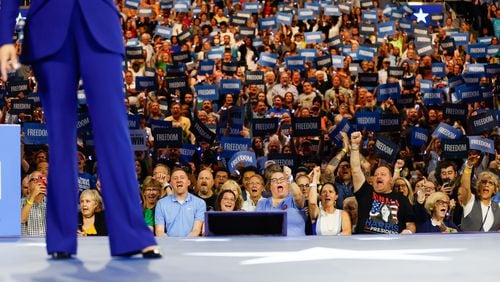 Vice President Kamala Harris cheers during a rally campaign event at Fiserv Forum in Milwaukee on Tuesday, August 20, 2024.
(Miguel Martinez / AJC)