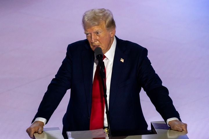 Former president Donald Trump speaks at Fiserv Forum in Milwaukee on Thursday, July 18, 2024, the fourth day of the Republican National Convention. (Arvin Temkar / AJC)