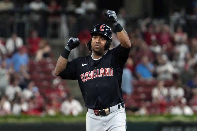 Cleveland Guardians' Jose Ramirez rounds the bases after hitting a three-run home run during the eighth inning of a baseball game against the St. Louis Cardinals Saturday, Sept. 21, 2024, in St. Louis. (AP Photo/Jeff Roberson)