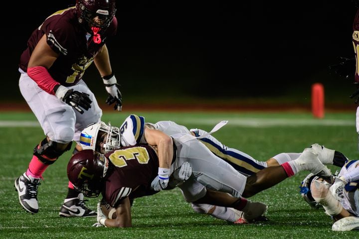 Tucker's Jordan Mccoy gets tackled during their game against Chamblee, October 6, 2023. (Jamie Spaar for the Atlanta Journal Constitution)