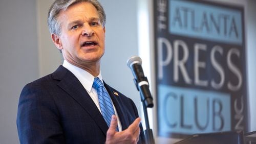 FBI Director Christopher Wray speaks at the Commerce Club in Atlanta for an event put on by the Atlanta Press Club on Tuesday, June 20, 2023. (Arvin Temkar / arvin.temkar@ajc.com)