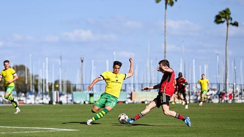 Atlanta United forward Saba Lobjanidze #9 kicks the ball during the match against Tampa Bay Rowdies at Al Lang Stadium in St. Petersburg, Florida, on Saturday Feb. 10, 2024. (Photo by Mitch Martin/Atlanta United)