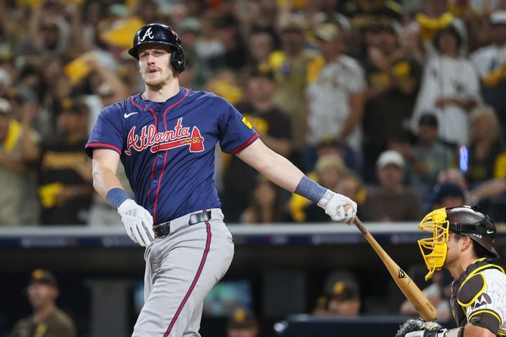 Atlanta Braves catcher Sean Murphy strikes out against the San Diego Padres during the seventh inning of National League Division Series Wild Card Game Two at Petco Park in San Diego on Wednesday, Oct. 2, 2024.   (Jason Getz / Jason.Getz@ajc.com)