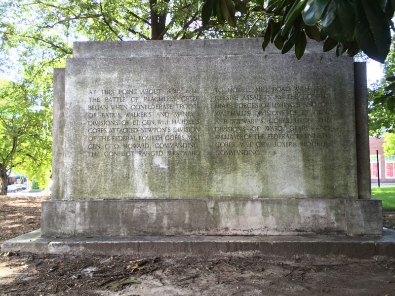 The other side of the Battle of Peachtree Creek monument being stored during construction by Piedmont Healthcare.