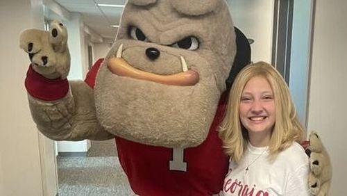 University of Georgia freshman Mary Webb poses with Hairy Dawg, the Bulldogs mascot. (Courtesy)