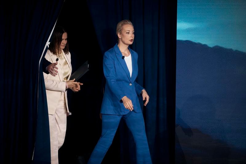 Russian political leader and the late Alexei Navalny's wife Yulia Navalnaya, right, and Belarusian politician, Sviatlana Tsikhanouskaya, left, enter to the stage during the Clinton Global Initiative, on Tuesday, Sept. 24, 2024, in New York. (AP Photo/Andres Kudacki)