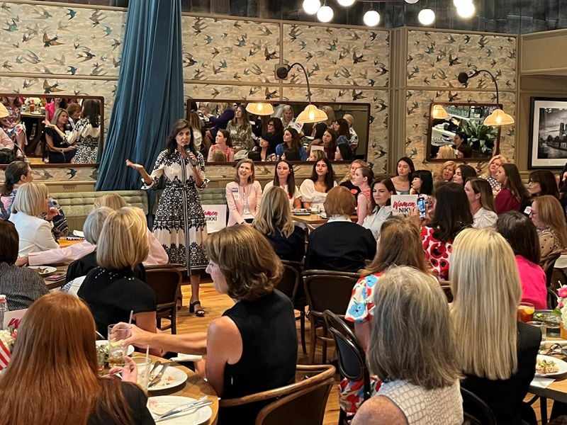 Former South Carolina Gov. Nikki Haley speaks at a 'Women for Nikki' event at the Select in Sandy Springs, Sept. 12, 2023. (AJC)