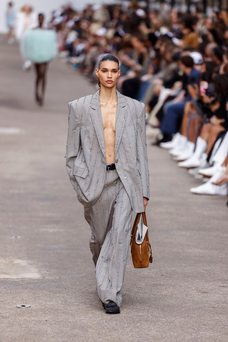 A model wears a creation as part of the Stella McCartney Spring/Summer 2025 collection presented Monday, Sept. 30, 2024 in Paris. (Photo by Vianney Le Caer/Invision/AP)