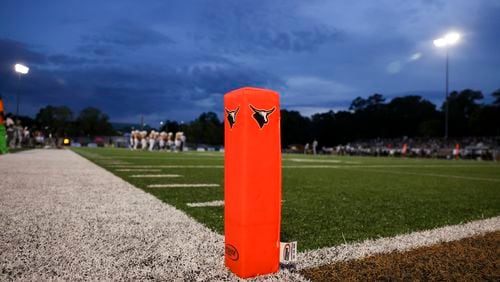 The Kell end zone pylon is shown during Kell’s game against North Atlanta during the first half of the Corky Kell Dave Hunter Classic at Kell High School, Wednesday, August 14, 2024, in Marietta, Ga. (Jason Getz / AJC)
