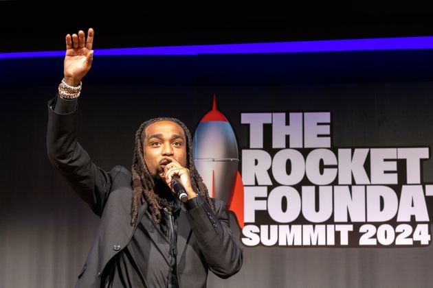 Hip-hop star Quavo’s speaks at his summit to stop gun violence at the Carter Center in Atlanta on Tuesday, June 18, 2024. (Arvin Temkar / AJC)