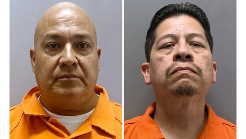 This combo of booking images provided by Uvalde County, Texas, Sheriff's Office, shows Pete Arredondo, left, the former police chief for schools in Uvalde, Texas, and Adrian Gonzales, a former police officer for schools in Uvalde, Texas, Both men were arrested and booked into jail before they were released on charges related to the May 24, 2022, attack that killed 19 children and two teachers at at Robb Elementary. (Uvalde County Sheriff's Office via AP)