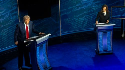 
                        Former President Donald Trump and Vice President Kamala Harris prepare to leave the stage after their debate, at the National Constitution Center in Philadelphia, on Tuesday, Sept. 10, 2024. Tuesday’s debate was expected to center on defining Harris. Instead, with words and with body language, she turned it into a referendum on Trump. (Doug Mills/The New York Times)
                      