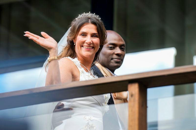 Norway's Princess Martha Louise and Durek Verrett arrive for their wedding party, in Geiranger, Norway, Saturday Aug. 31, 2024. (Heiko Junge/NTB via AP)