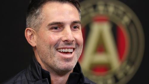 Atlanta United Vice President and Technical Director Carlos Bocanegra speaks to members of the media at Mercedes-Benz Stadium, Tuesday, January 16, 2024, in Atlanta. (Jason Getz / Jason.Getz@ajc.com)