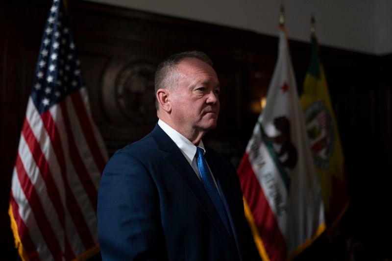 Newly appointed Los Angeles Police Chief Jim McDonnell listens during a news conference in Los Angeles, Friday, Oct. 4, 2024. (AP Photo/Jae C. Hong)