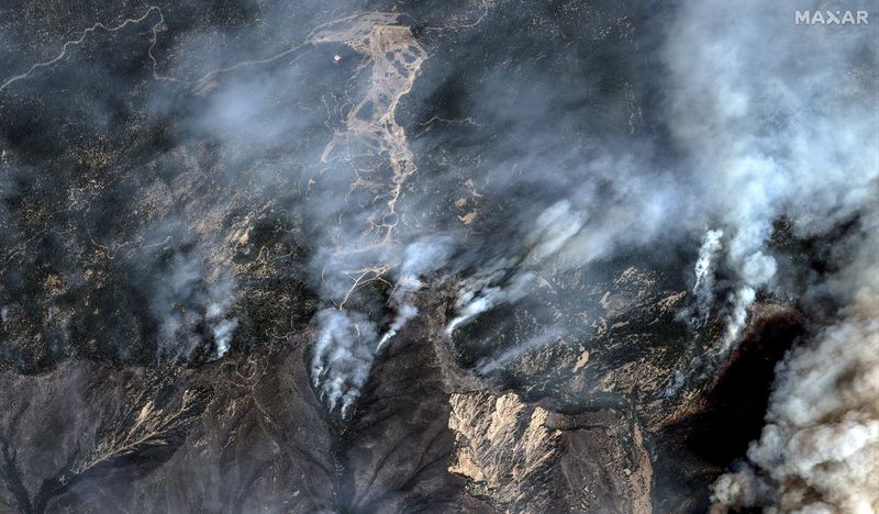 This image released by Maxar Technologies shows fires near Snow Valley Mountain Resort in Running Springs, Calif., on Wednesday, Sept. 11, 2024. (Satellite image ©2024 Maxar Technologies via AP)