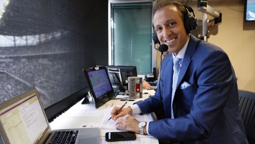 Brandon Gaudin, the team's new play-by-play announcer for Bally Sports South, is seen inside the transmission booth at Truist Park on Thursday, April 6, 2023.
Miguel Martinez /miguel.martinezjimenez@ajc.com