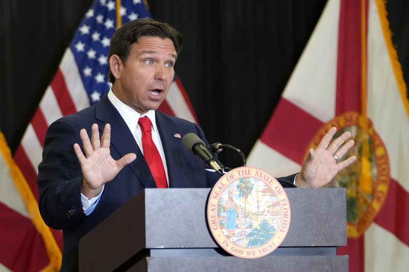 Florida Gov. Ron DeSantis speaks during a news conference in the aftermath of the apparent assassination attempt of Republican presidential nominee and former President Donald Trump Tuesday, Sept. 17, 2024, in West Palm Beach, Fla. (AP Photo/Lynne Sladky)