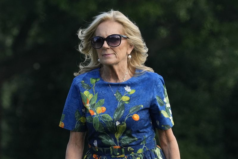 FILE - First lady Jill Biden walks on the South Lawn of the White House in Washington, July 7, 2024. (AP Photo/Susan Walsh, File)