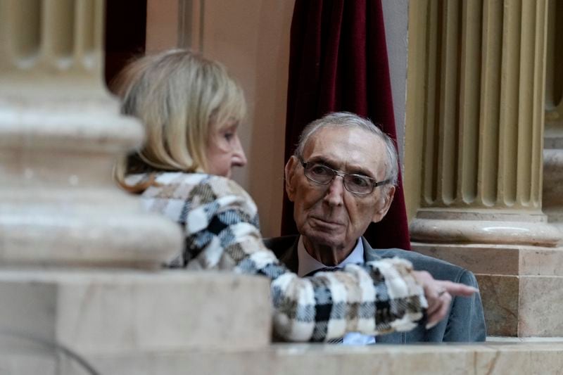 Argentine President Javier Milei's parents, Norberto Milei and Alicia Lujan Lucich, attend his presentation of the 2025 budget in Buenos Aires, Argentina, Sunday, Sept. 15, 2024. (AP Photo/Natacha Pisarenko)