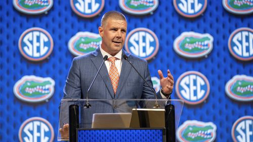 Florida head coach Billy Napier speaks during the Southeastern Conference NCAA college football media days Wednesday, July 17, 2024, in Dallas. (AP Photo/Jeffrey McWhorter)